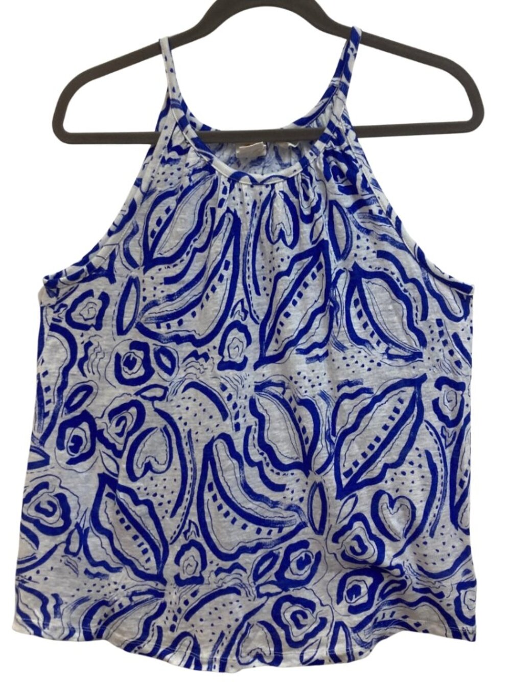 C & C California Colorful Halter Top in White and Blue 100% Linen Size Large